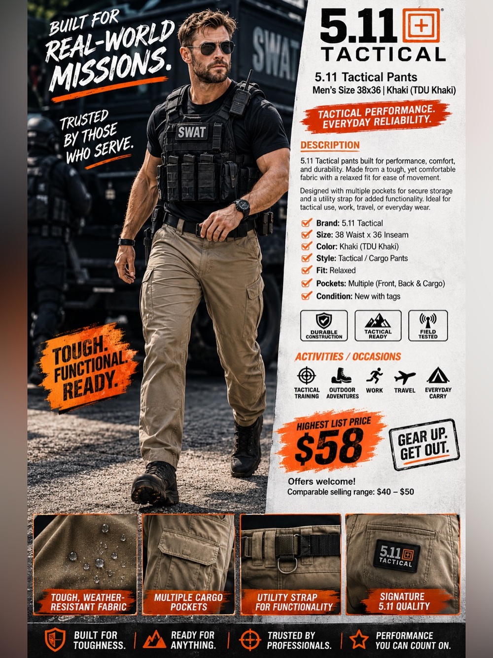 5.11 Tactical Men’s Khaki Cargo Pants - Khaki/Tan